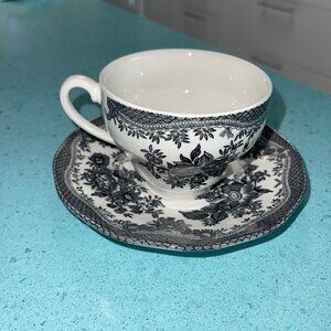 Johnson Brothers Tea Cups And Saucers Black Asiatic Pheasant Set of 8
